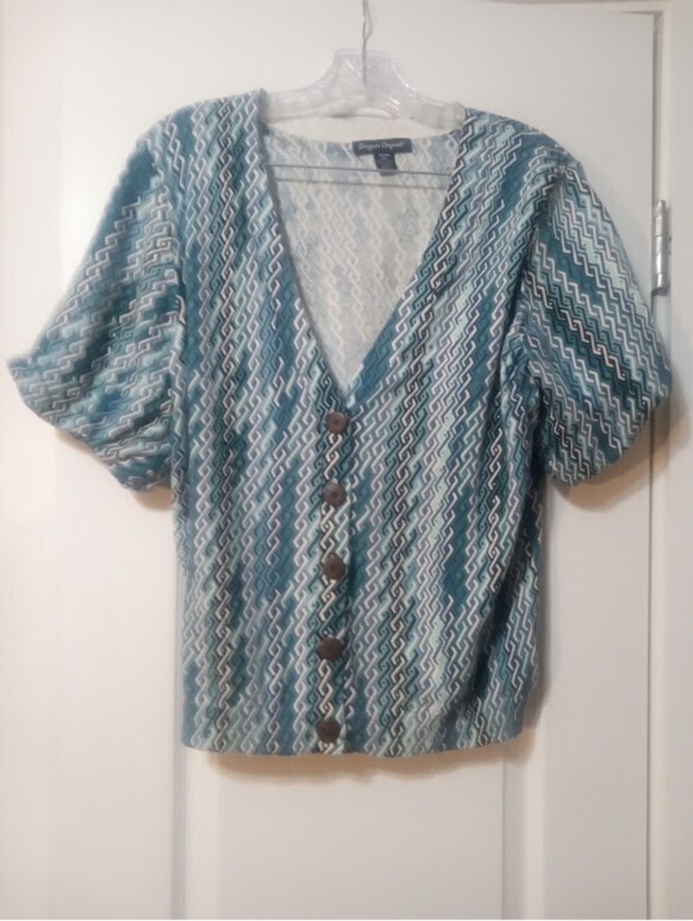 Teal Zigzag Button-Up Blouse — Designer Originals, Size XL